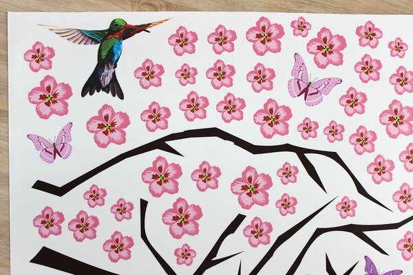 Nalepte.cz Motýle kolibríky a kvety textilní prelepiteľné nálepky na stenu arch 70 x 28 cm