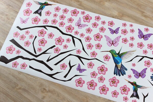 Nalepte.cz Motýle kolibríky a kvety textilní prelepiteľné nálepky na stenu arch 70 x 28 cm