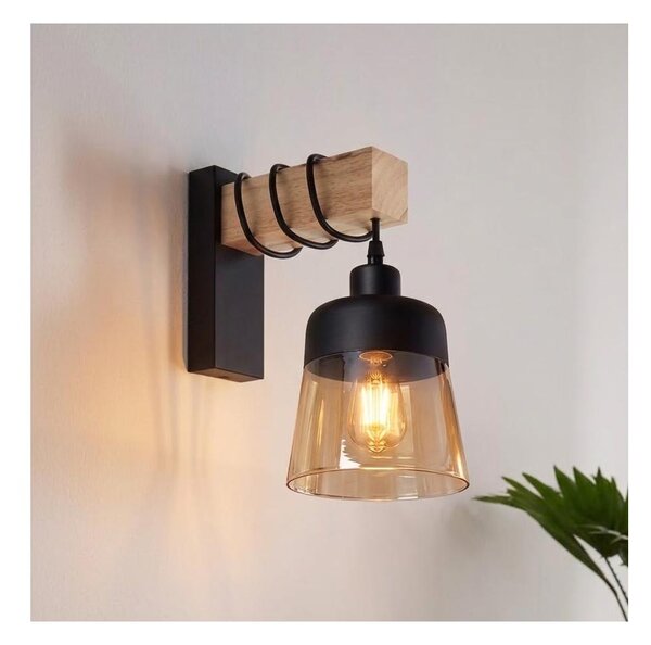 Brilagi - Nástenné svietidlo WOOD GLASS 1xE27/60W/230V borovica/čierna/dymová hnedá