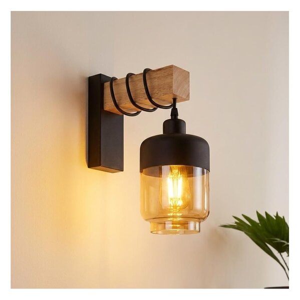 Brilagi - Nástenné svietidlo WOOD GLASS 1xE27/60W/230V borovica/čierna/dymovo-hnedá