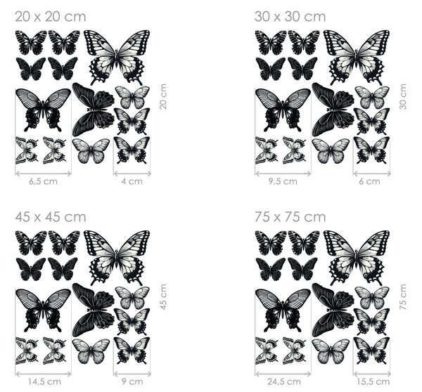 Nalepte.cz Motýle čierne 13 ks textilní prelepiteľné nálepky na stenu arch 20 x 20 cm