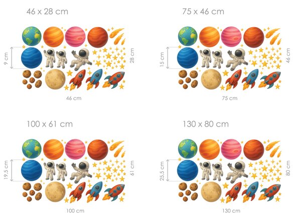 Nalepte.cz Kozmonauti planéty a rakety textilní prelepiteľné nálepky na stenu arch 46 x 28 cm