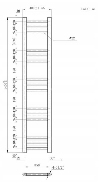 Gamma Erga Basic, vykurovacie teleso 1400x400 mm, 464 W, čierna, ERG-LAV-BASIC-14040-BK