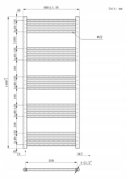 Gamma Erga Basic, vykurovacie teleso 1400x600 mm, 627 W, čierna, ERG-LAV-BASIC-14060-BK