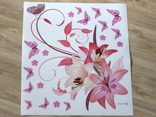 Nalepte.cz Farebné ľalie a motýle textilní prelepiteľné nálepky na stenu arch 45 x 41 cm