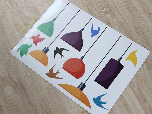 Nalepte.cz Lampy a vtáčiky textilní prelepiteľné nálepky na stenu 84 x 30 cm