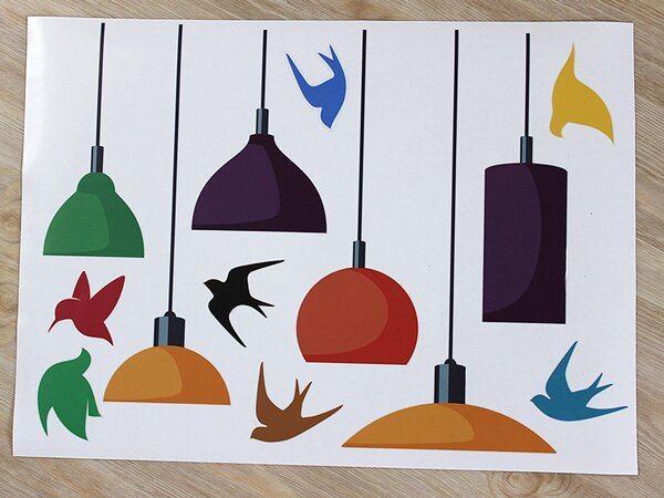 Nalepte.cz Lampy a vtáčiky textilní prelepiteľné nálepky na stenu 84 x 30 cm