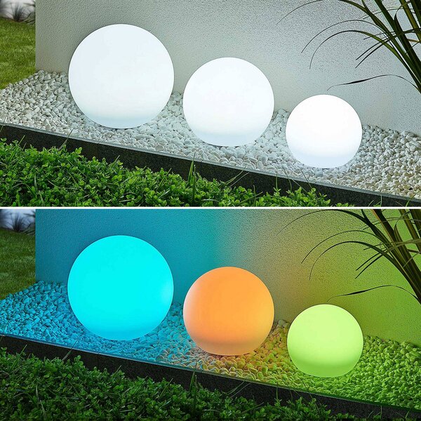 Lindby LED solárne lampy Lago, RGBW, sada 3, gule, zemný hrot, Biela / opálová, Plast, Moderný, Solárne svietidlá