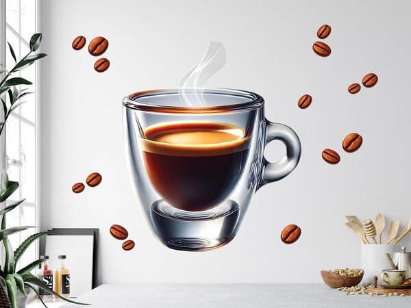 Nalepte.cz Šálka ​​kávy espresso textilní prelepiteľná nálepka na stenu hárok 45 x 41 cm