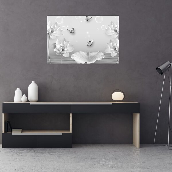 Obraz - Kvetinový dizajn s motýlikmi (90x60 cm)
