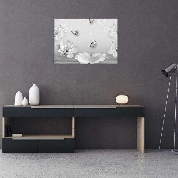 Obraz - Kvetinový dizajn s motýlikmi (70x50 cm)