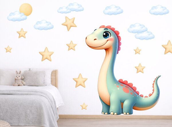 Nalepte.cz Dinosaurík textilní prelepiteľná nálepka na stenu arch 39 x 47 cm
