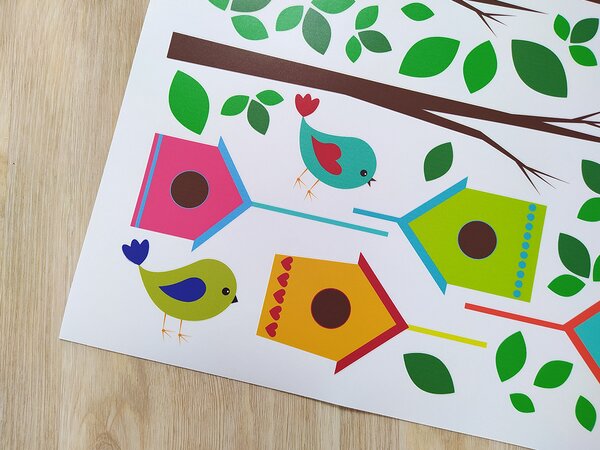Nalepte.cz Vtáky a búdky textilní prelepiteľné nálepky na stenu arch 45 x 25 cm