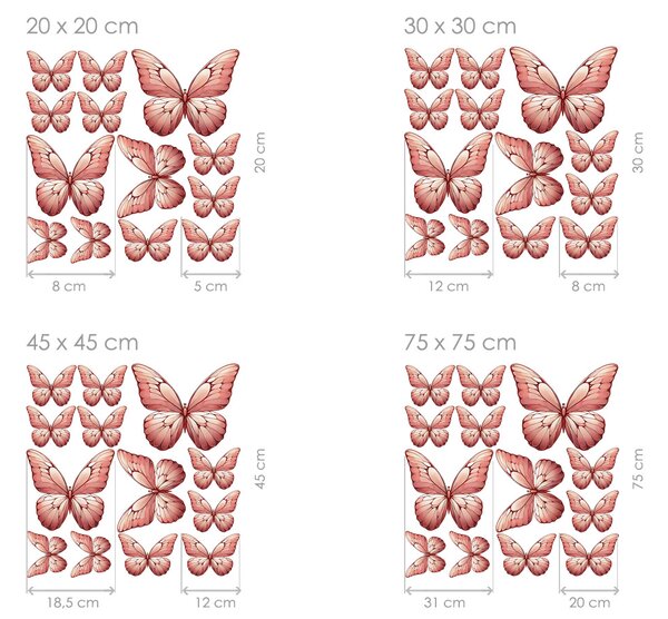 Nalepte.cz Motýle svetlo červení 13 ks textilní prelepiteľné nálepky na stenu arch 20 x 20 cm