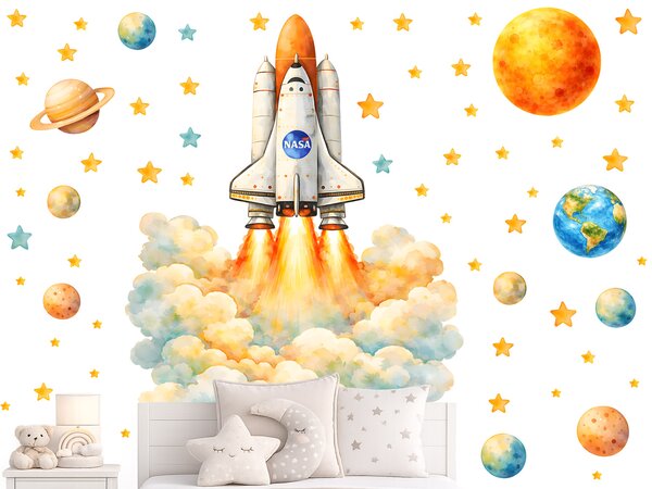 Nalepte.cz Kozmická raketa NASA textilní prelepiteľná nálepka na stenu arch 38 x 46 cm