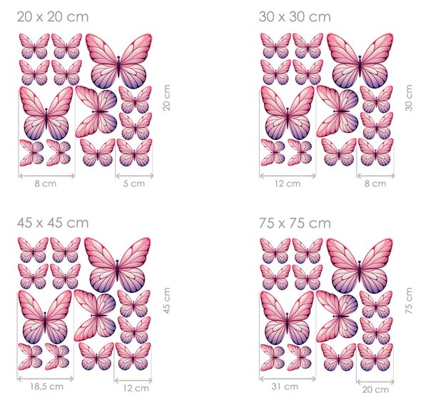 Nalepte.cz Motýle svetlo ružové 13 ks textilní prelepiteľné nálepky na stenu arch 20 x 20 cm