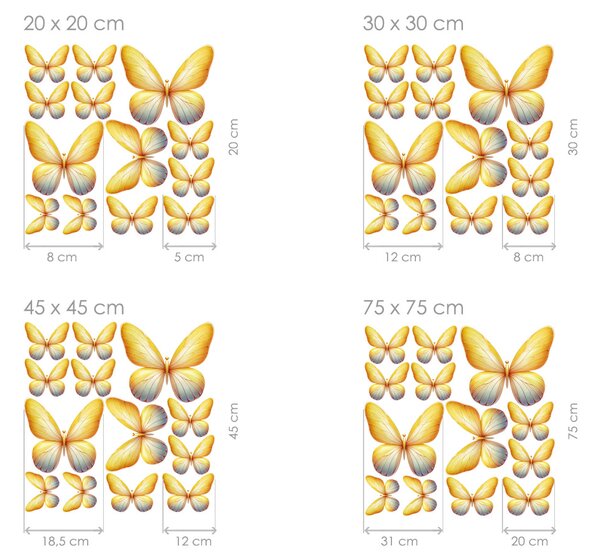 Nalepte.cz Motýle svetlo žlté 13ks textilní prelepiteľné nálepky na stenu arch 20 x 20 cm