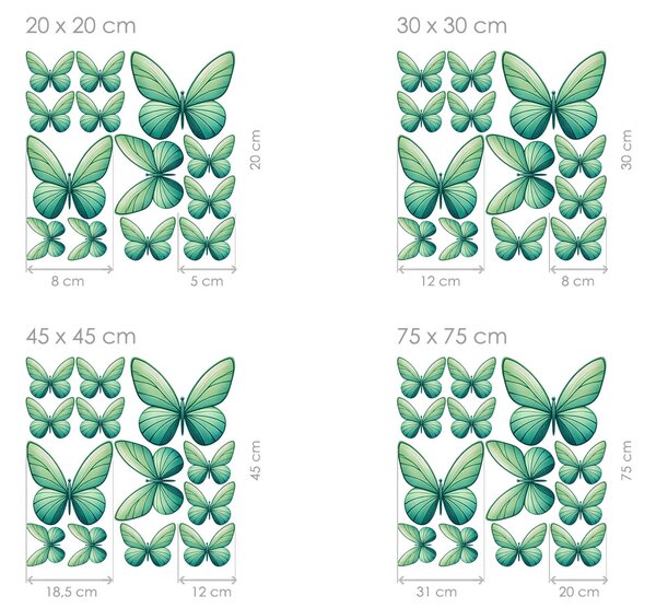 Nalepte.cz Motýle svetlo zeleňou 13 ks textilní prelepiteľné nálepky na stenu arch 20 x 20 cm