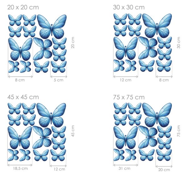 Nalepte.cz Motýle svetlomodré 13 ks textilní prelepiteľné nálepky na stenu arch 20 x 20 cm