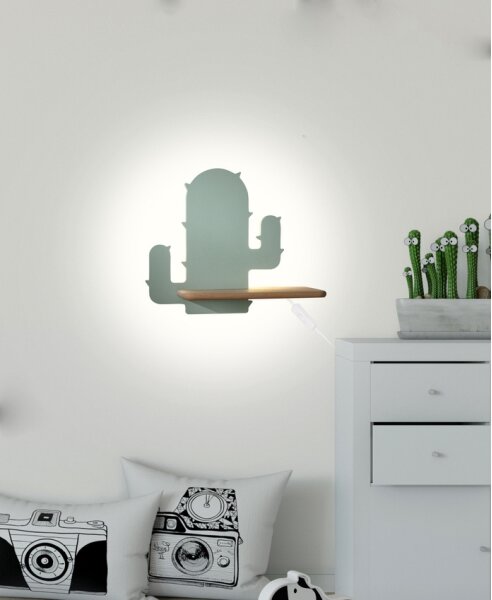 LED Detské nástenné svietidlo s poličkou CACTUS LED/4W/230V zelená/drevo