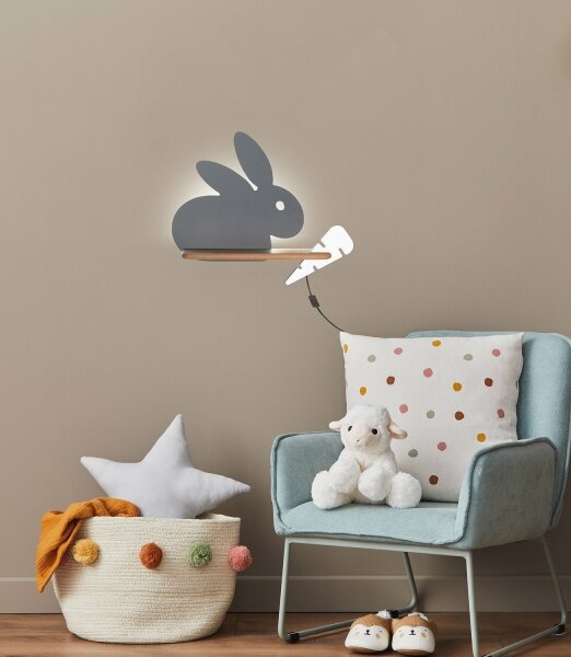 LED Detské nástenné svietidlo s poličkou RABBIT LED/4W/230V šedá/biela/drevo