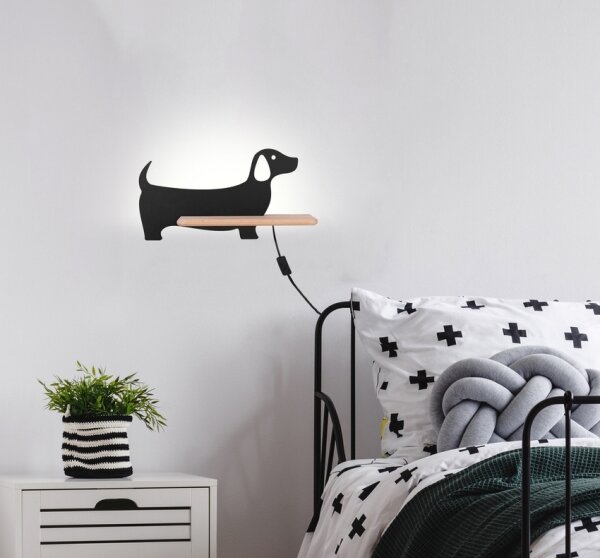 LED Detské nástenné svietidlo s poličkou DOG LED/5W/230V čierna/drevo