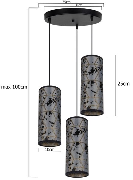 Luster na lanku AVALO 3xE27/60W/230V pr. 35 cm šedá/čierna