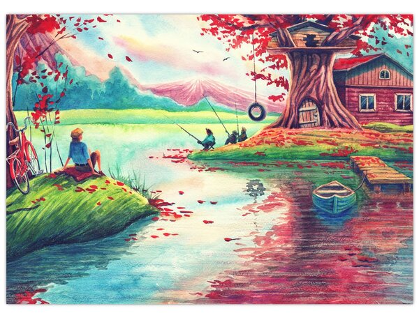 Obraz - Aquarel, Zátoka v horskej dedinke (70x50 cm)
