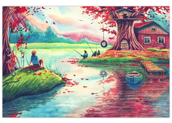 Obraz - Aquarel, Zátoka v horskej dedinke (90x60 cm)