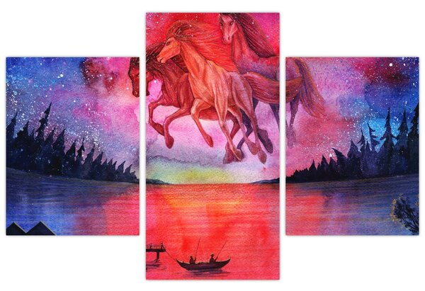 Obraz - Zjavenie vesmírnych koní nad jazerom, aquarel (90x60 cm)