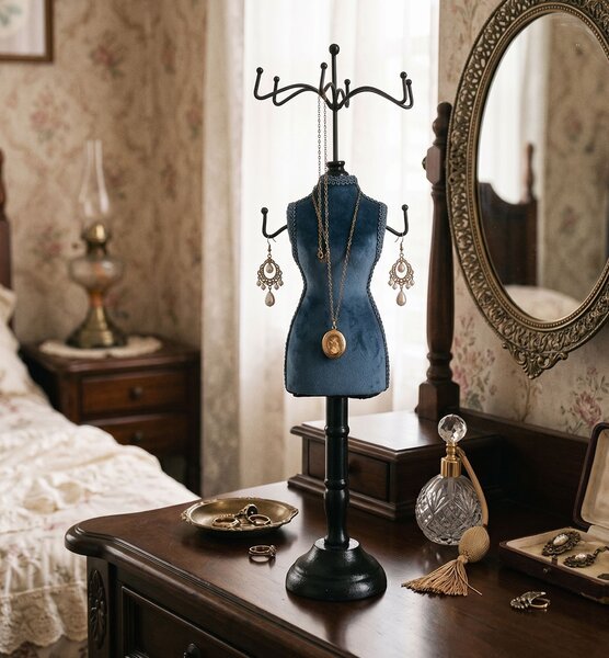 Modro-čierny stojan na šperky v tvare figuríny - 12*12*39 cm - Clayre & Eef