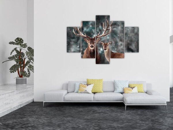 Obraz - Jeleň a laň v zasneženom lese (150x105 cm)