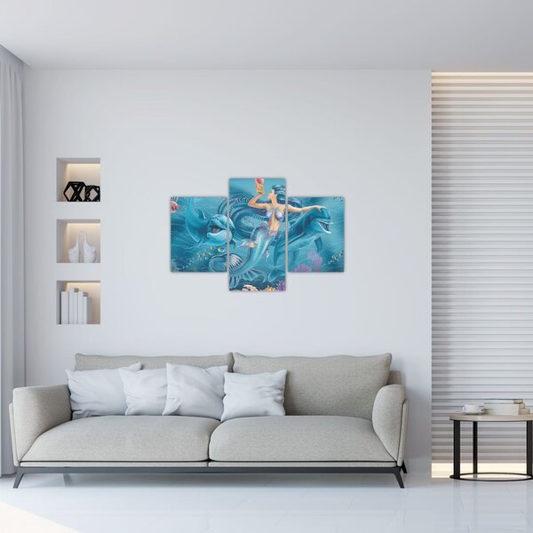 Obraz - Morská víla s delfínmi (90x60 cm)