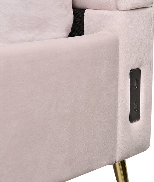 Posteľ ružová zamatové čalúnenie 180 x 200 cm zlaté kovové nohy prešívané čelo s USB portom moderný glamour štýl spálňa