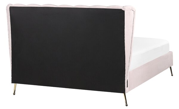 Posteľ ružová zamatové čalúnenie 140 x 200 cm zlaté kovové nohy prešívané čelo s USB portom moderný glamour štýl spálňa