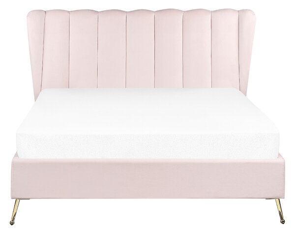 Posteľ ružová zamatové čalúnenie 140 x 200 cm zlaté kovové nohy prešívané čelo s USB portom moderný glamour štýl spálňa