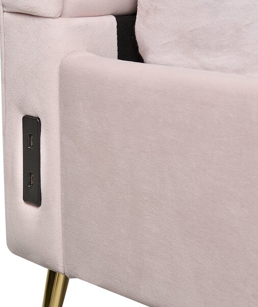 Posteľ ružová zamatové čalúnenie 180 x 200 cm zlaté kovové nohy prešívané čelo s USB portom moderný glamour štýl spálňa