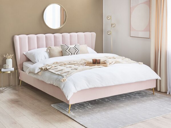 Posteľ ružová zamatové čalúnenie 180 x 200 cm zlaté kovové nohy prešívané čelo s USB portom moderný glamour štýl spálňa