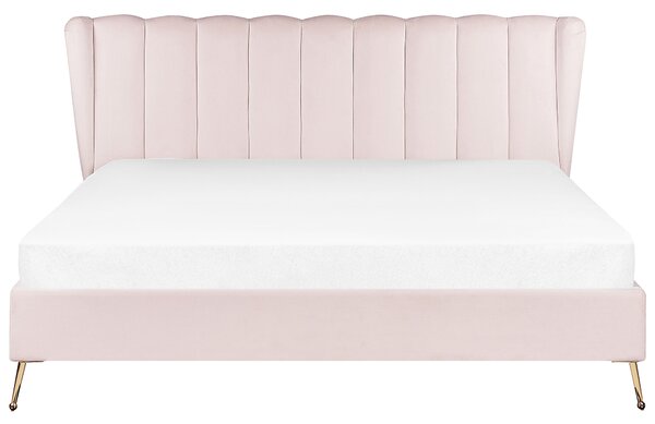 Posteľ ružová zamatové čalúnenie 180 x 200 cm zlaté kovové nohy prešívané čelo s USB portom moderný glamour štýl spálňa
