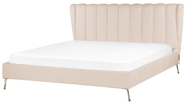 Posteľ béžová zamatové čalúnenie 180 x 200 cm zlaté kovové nohy prešívané čelo s USB portom moderný glamour štýl spálňa
