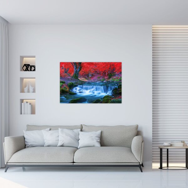Obraz vodopádu v červenom lese (90x60 cm)
