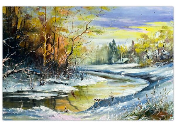 Obraz zimnej rieky, olejomaľba (90x60 cm)