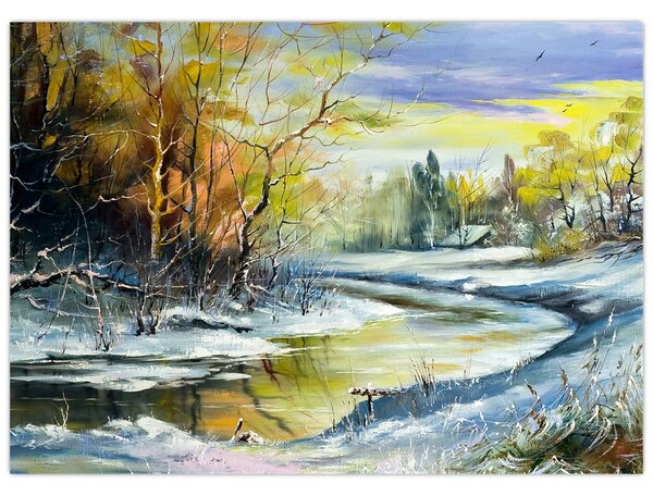 Obraz zimnej rieky, olejomaľba (70x50 cm)