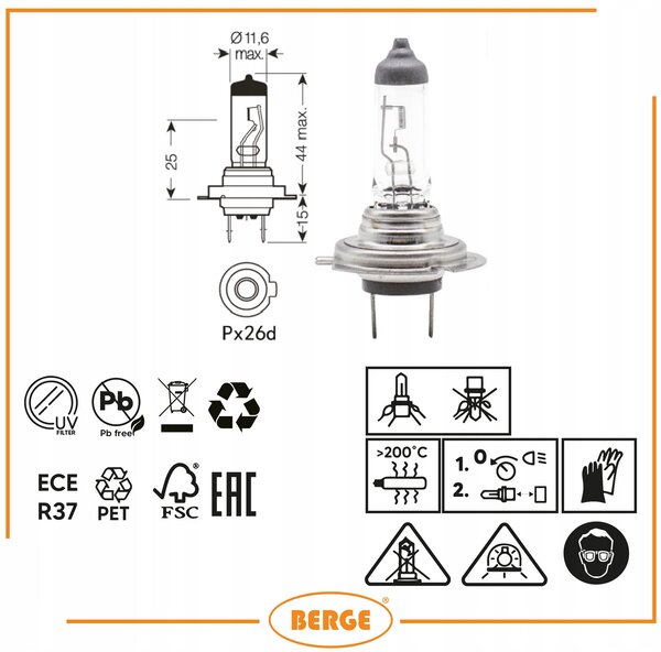 BERGE H7 Halogénová žiarovka 12V 55W Teplá farba 3200K