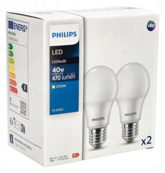2x LED žiarovka Philips E27 - 4,9 W - 470lm - 2700K