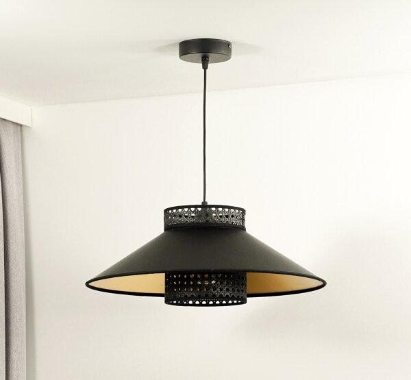 Duolla - Luster na lanku RIO RATTAN 1xE27/15W/230V pr. 45 cm čierna/zlatá
