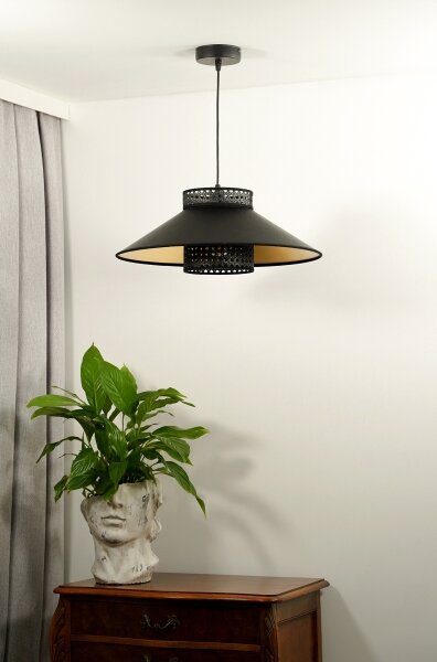 Duolla - Luster na lanku RIO RATTAN 1xE27/15W/230V pr. 45 cm čierna/zlatá
