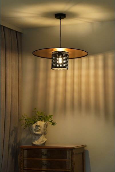 Duolla - Luster na lanku TOKYO RATTAN 1xE27/15W/230V pr. 50 cm zlatá/čierna