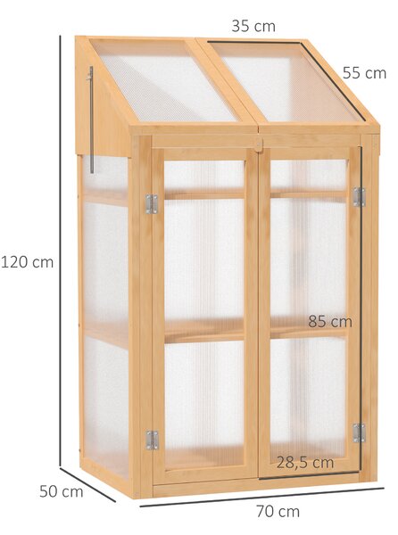 OUTSUNNY Polykarbonátový mini skleník s tromi policami 70 x 50 x 120 cm svetlé drevo