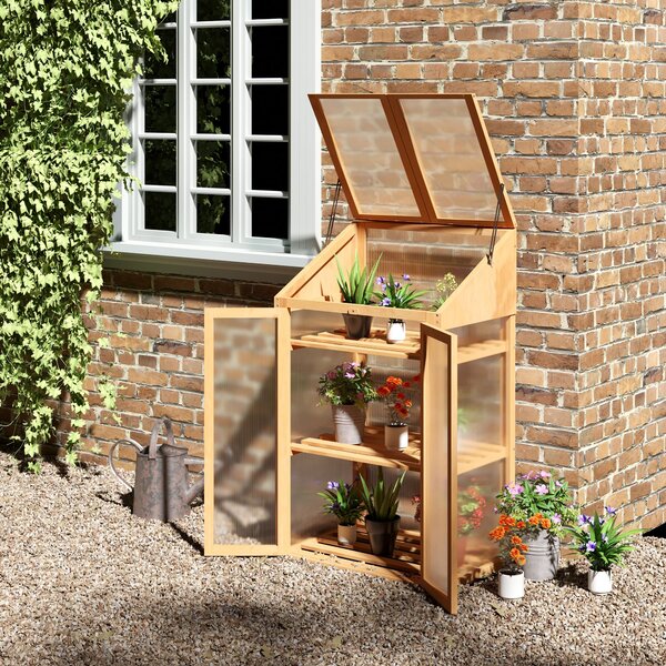 OUTSUNNY Polykarbonátový mini skleník s tromi policami 70 x 50 x 120 cm svetlé drevo